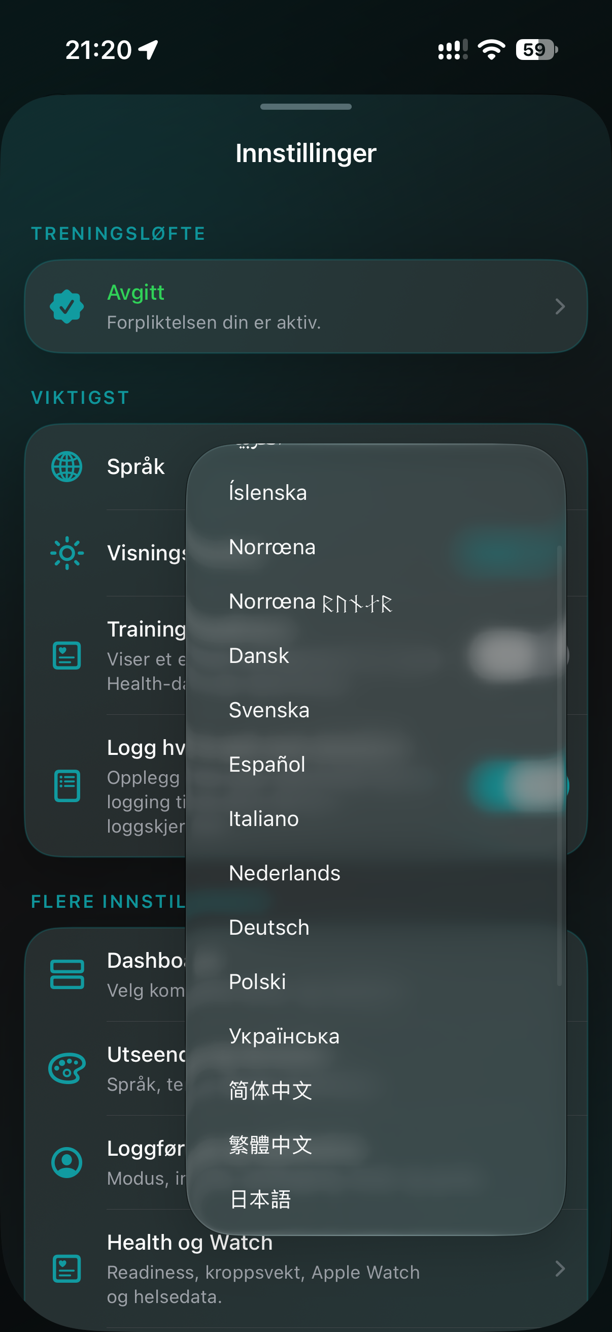 Språkvelgeren i innstillingene i Pencil Treningslogg viser listen over de 28 støttede språkene, blant annet norrønt med runer, dansk, svensk, spansk, tysk, ukrainsk, kinesisk og japansk.