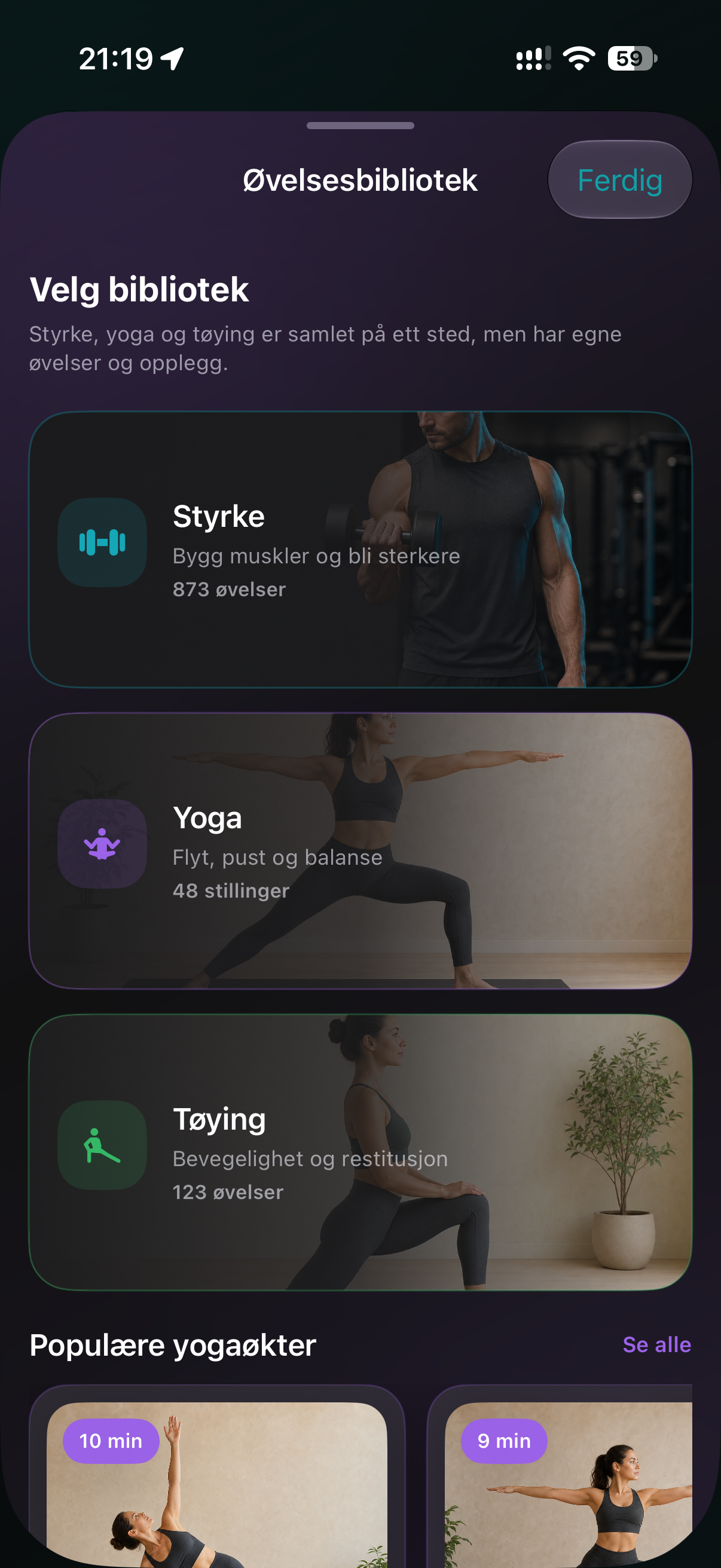 Øvelsesbibliotek i Pencil med Styrke (873 øvelser), Yoga (48 stillinger) og Tøying (123 øvelser).