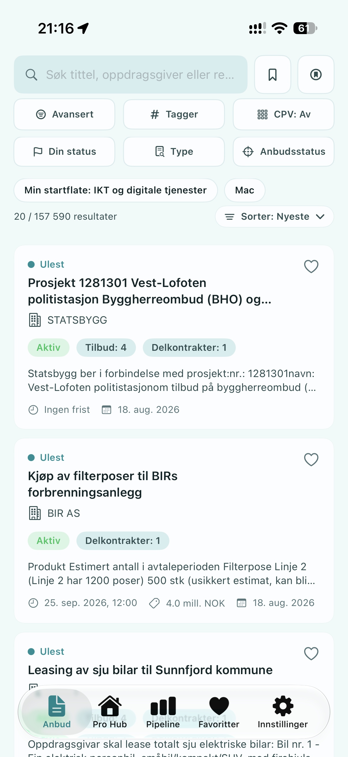 Tenderly-appen viser anbudslisten med søkefelt, filtre for tagger, CPV-kategorier og anbudsstatus, og treff fra blant annet Statsbygg og BIR AS.