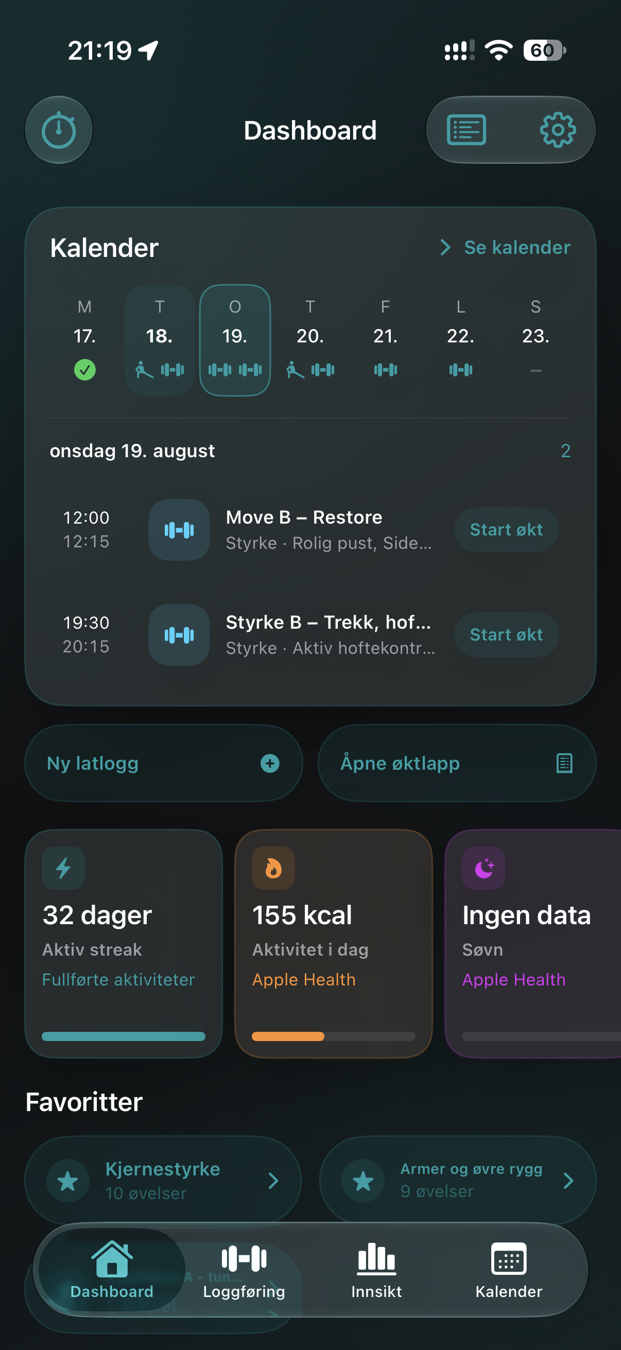 Dashboard i Pencil Treningslogg med oversikt over økter, streak og favoritter.