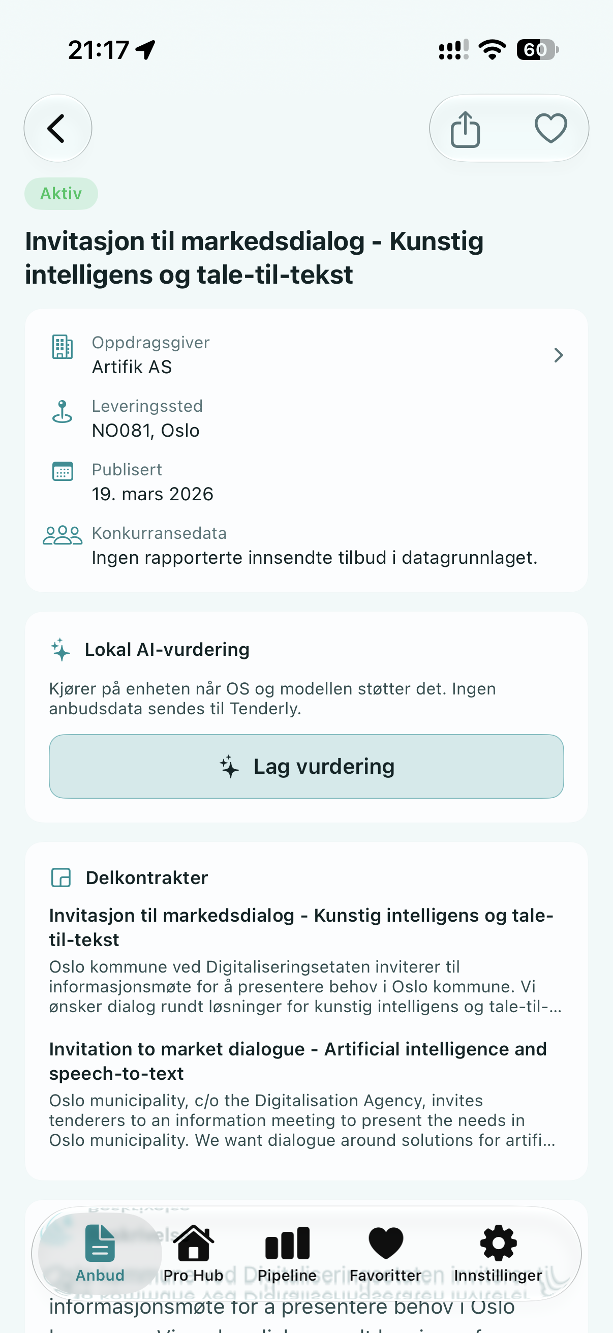 Detaljvisning av et anbud i Tenderly med oppdragsgiver, leveringssted, publiseringsdato og en lokal KI-vurdering som kjører på enheten.